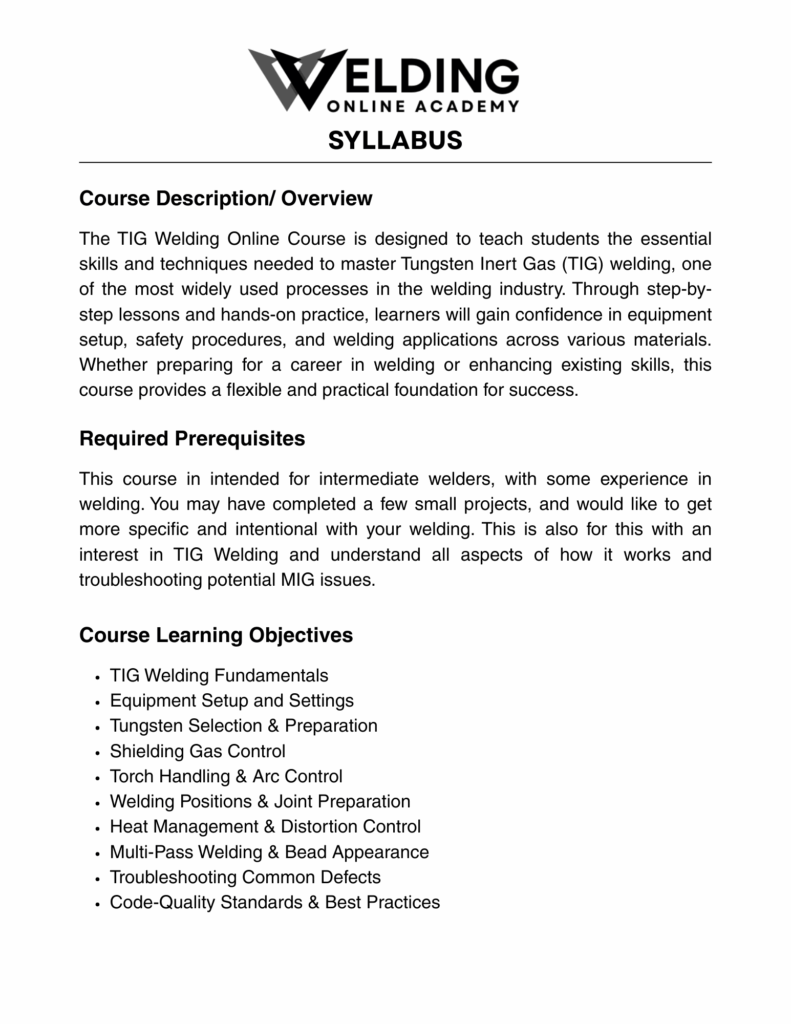 TIG Welding Online Course Syllabus Page 1_ Welding Online Academy